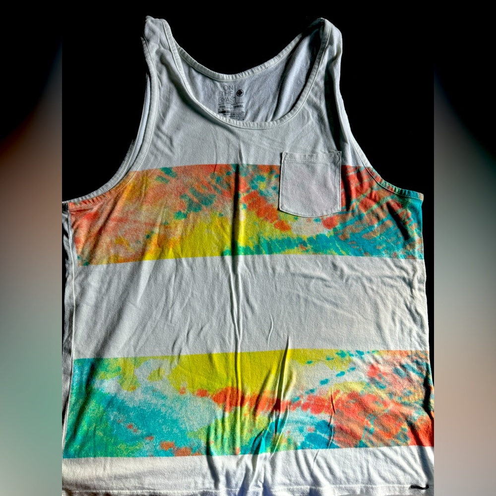 On The Byas White Tank Top with Turquoise, Yellow & Orange Tie-Dye Stripes